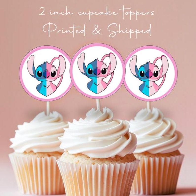 May include: Three 2 inch round cupcake toppers featuring a blue and pink Stitch character from the Disney movie Lilo & Stitch. The toppers are printed on white cardstock and have a pink border.