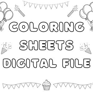 Puede incluir: Ilustraci&oacute;n en blanco y negro con las palabras "COLORING SHEETS DIGITAL FILE". La imagen incluye globos, gorros de fiesta, regalos, caramelos, una magdalena y banderines decorativos, todo en un estilo festivo.