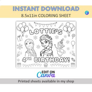Pode incluir: Folha de colorir em preto e branco com o texto "INSTANT DOWNLOAD" e "8.5x11in COLORING SHEET". A folha apresenta ilustrações de Anna, Elsa e Olaf de Frozen, com o texto "LOTTIE'S 4TH BIRTHDAY!"