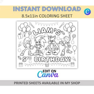 Canva Edit - DIY - Custom Coloring - Sonic Placemats - Sonic Coloring Sheets - Sonic VS Shadow Favors - Tails - Knuckles - Favors