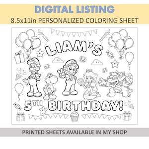 DIGITAL Personalized Coloring Sheets - Mario Coloring Pages - Mario Coloring Sheets - Mario Party Favors - Mario Favors