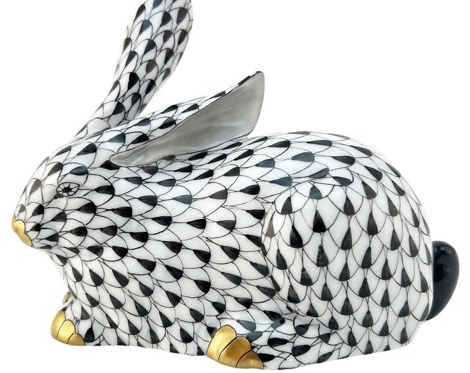 Herend Lying Rabbit Black Fishnet Figurine 15335 Hand-painted Bunny ...