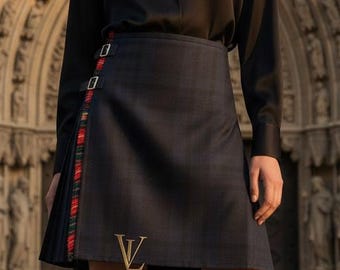 Kilt de lana pesada personalizado: plisado en contraste con isla negra, hecho a pedido