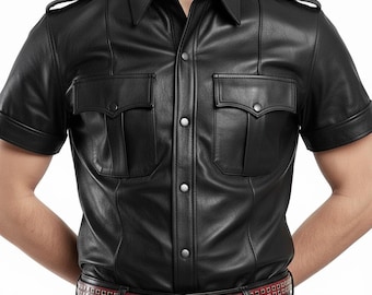 Men's Black Lambskin Leather Shirt - Quilted, Short Sleeve Biker Shirt Military Police Uniform