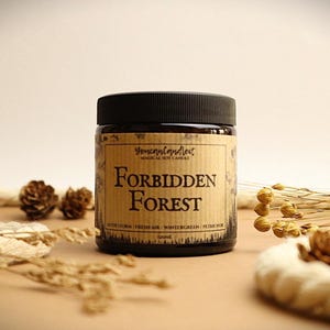 Può includere: Un barattolo di vetro marrone con coperchio nero, etichettato "Forbidden Forest" con il testo "After Storm/Fresh Air/Wintergreen/Petrichor". Il barattolo è circondato da piante secche e pigne. La candela è di 120 ml.