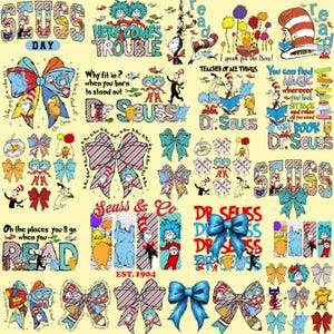 May include: A yellow background with a variety of Dr. Seuss characters and quotes. The characters include the Cat in the Hat, Thing 1 and Thing 2, and the Lorax. The quotes include "Oh, the places you'll go!" and "I speak for the trees!" There are also several bows in red, white, and blue.