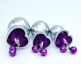 Heart Butt Plug with Leash, 3 Sizes S/M/L Jeweled Stainless Steel Anal Plugs with Bell & Traction Chain for Woman, Anal Training Toy |BPLUG