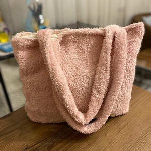 Pink plushy tote bag,pink everyday tote bag, student tote bag, weekender bag,Fabric tote