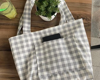 Karierte Einkaufstasche, ästhetische Tasche, karierte Schultertasche, süße Buchtasche, wiederverwendbare Einkaufstasche, Laptoptasche, handgemachtes Geschenk