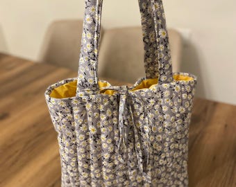 Grey Floral Tote Bag, Cute Tote Bag, Beach Bag, Quilted Tote Bag, Fabric Tote Bag