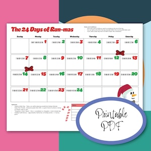 Könnte beinhalten: Ein druckbarer PDF-Kalender mit dem Titel "The 24 Days of Run-mas" mit einer Schneemann-Grafik. Der Kalender zeigt 24 Tage mit Laufstrecken in Kilometern und Meilen sowie optionale festliche Aktivitäten.