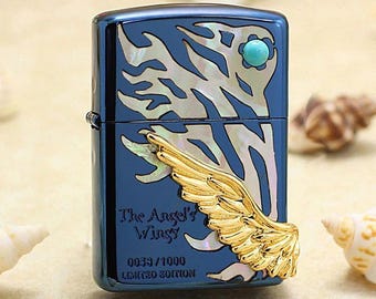 Briquet Zippo Armor bleu édition limitée Ailes d'ange fait main pour homme, collection cadeau