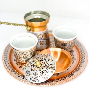 Juego de café turco de cobre - Juego de regalo de espresso hecho a mano - Bandeja para servir café bosnio y árabe