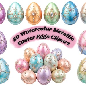 Huevos de Pascua en acuarela 3D, metálicos, pastel, con diamantes de imitación, imágenes prediseñadas, huevos de Pascua PNG, descarga digital instantánea