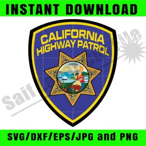 Op de afbeelding: Een digitale downloadafbeelding met het embleem van de California Highway Patrol. Het embleem is blauw met gouden randen en tekst, waaronder "CALIFORNIA HIGHWAY PATROL". De afbeelding bevat de tekst "INSTANT DOWNLOAD" en bestandstype-opties.