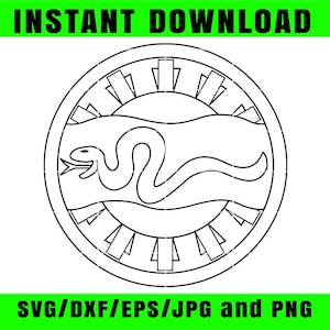 Puede incluir: Un diseño circular en blanco y negro con una serpiente en el centro, rodeada por un patrón solar. Las palabras "INSTANT DOWNLOAD" y "SVG/DXF/EPS/JPG and PNG" se muestran en verde.