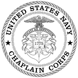 May include: Black and white seal of the United States Navy Chaplain Corps. The seal features a rope border, a star on each side, an eagle with outstretched wings, an anchor, and the text "United States Navy Chaplain Corps" and "Vocati Ad Servitium 1775".