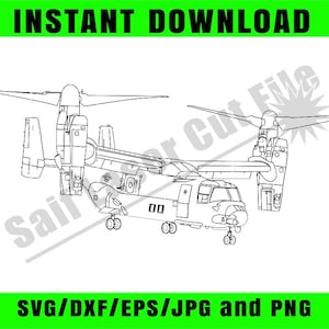 May include: Black and white line art of a military aircraft with two large rotors. The text "INSTANT DOWNLOAD" is at the top, and "SVG/DXF/EPS/JPG and PNG" is at the bottom. The aircraft has the number "00" on the side.