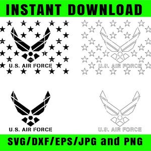 Puede incluir: Un diseño digital con el emblema de la Fuerza Aérea de EE. UU. y estrellas, disponible en varios formatos. El diseño incluye el texto "INSTANT DOWNLOAD" y "U.S. AIR FORCE". La parte inferior muestra "SVG/DXF/EPS/JPG and PNG".