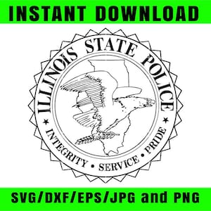 Op de afbeelding: Zwart-wit Illinois State Police-embleem met een adelaar en de omtrek van de staat. Het embleem is omgeven door tekst met de tekst "Illinois State Police", "Integriteit", "Service" en "Trots". De woorden "Direct downloaden" en "SVG/DXF/EPS/JPG en PNG" zijn ook aanwezig.