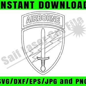 Puede incluir: Gráfico vectorial en blanco y negro de un emblema Airborne. El emblema presenta una forma de escudo con una espada y rayos. La palabra "AIRBORNE" está en la parte superior. También están presentes los textos "INSTANT DOWNLOAD" y "SVG/DXF/EPS/JPG and PNG".