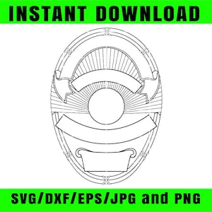May include: Black and white line art of an oval-shaped badge design with banners and decorative elements. The text "INSTANT DOWNLOAD" is at the top, and "SVG/DXF/EPS/JPG and PNG" is at the bottom.