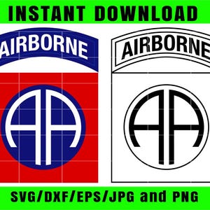 May include: Digital design featuring two versions of an "Airborne" graphic. One is in color with a red background, blue circle, and white text. The other is a black and white outline. The text "INSTANT DOWNLOAD" and "SVG/DXF/EPS/JPG and PNG" are also present.