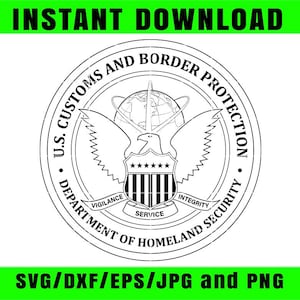 Könnte beinhalten: Schwarz-weiße Illustration des Siegels des US-Zolls und des Grenzschutzes. Das Siegel zeigt einen Adler mit ausgebreiteten Flügeln, einen Globus und den Text "U.S. Customs and Border Protection" und "Department of Homeland Security". Die Wörter "Vigilance, Service, Integrity" sind ebenfalls enthalten.