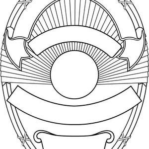 Puede incluir: Ilustración en blanco y negro de una insignia o emblema ovalado. El diseño incluye un círculo central, líneas radiales y varias formas similares a pancartas, todas delineadas con líneas negras. El borde exterior está detallado con un patrón tejido.