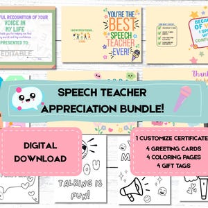 Lot de remerciements pour professeur d'orthophonie, certificat canva modifiable, pages à colorier imprimables, cartes de voeux, étiquettes cadeaux, téléchargement numérique PDF