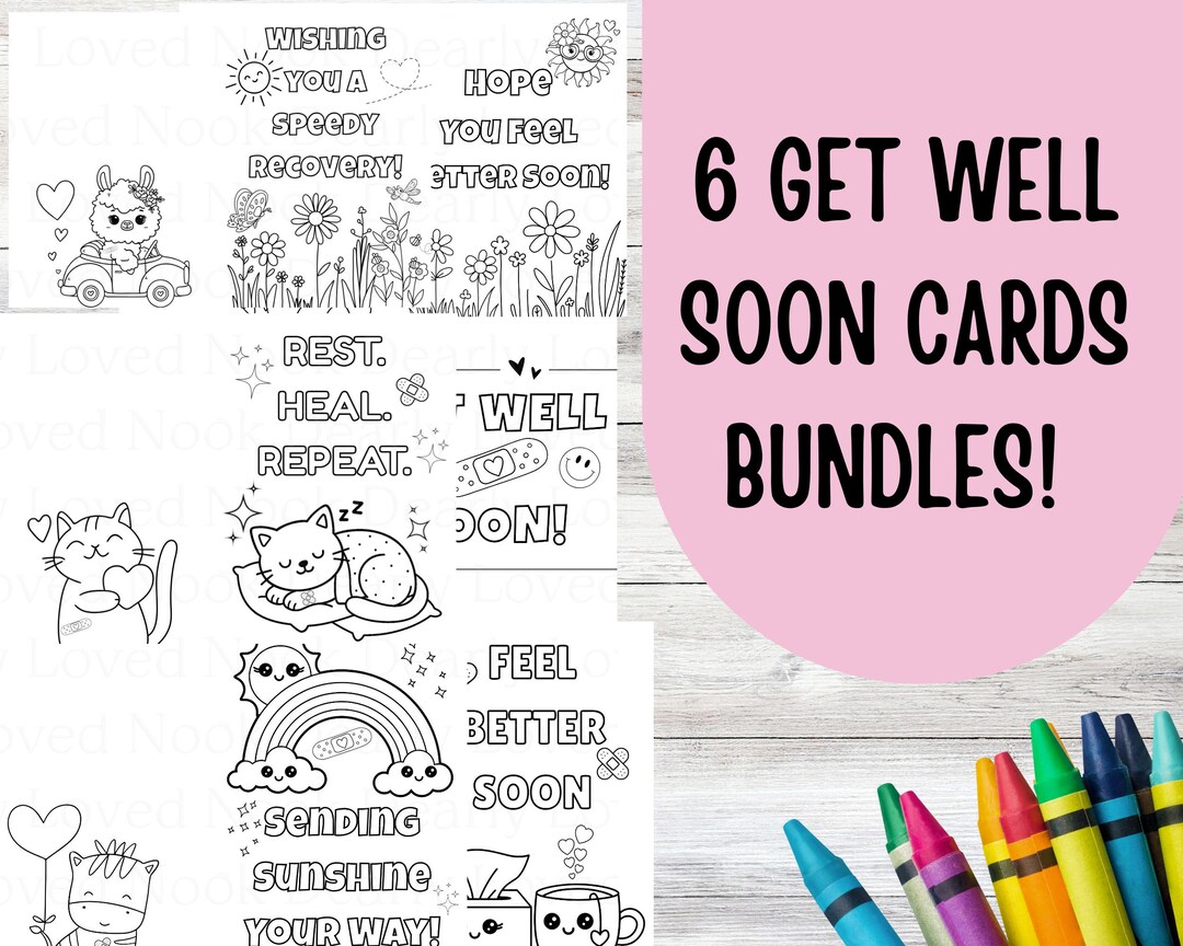Get Well Soon Coloring Cards: Printable Encouragement Card Set (digital