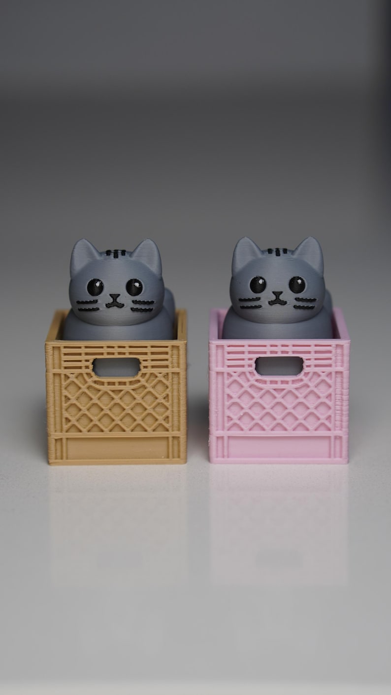 May include: Two grey cat figurines sit inside miniature crates, one tan and one pink. The cats have black eyes and whiskers. The crates have a lattice design and a rectangular opening on the front.