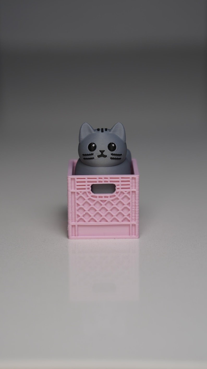 May include: A grey cat figure with big eyes is in a small pink plastic crate. The cat has a detailed face and is in the centre of the crate. The crate has a rectangular opening on the front and is made of a lattice-like design.