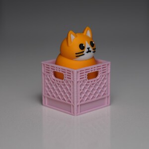 Puede incluir: Una figura de gato naranja con bigotes negros y cara blanca sentada dentro de una peque&ntilde;a caja de pl&aacute;stico rosa. El gato tiene orejas puntiagudas y un cuerpo redondo. La caja tiene un dise&ntilde;o de celos&iacute;a y asas recortadas.