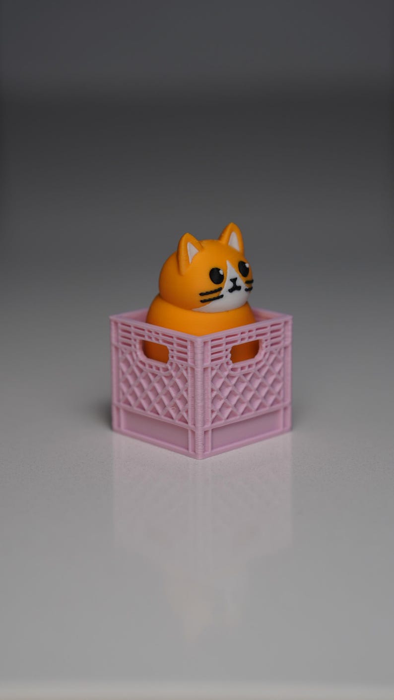 Puede incluir: Una figura de gato naranja con bigotes negros y cara blanca sentada dentro de una peque&ntilde;a caja de pl&aacute;stico rosa. El gato tiene orejas puntiagudas y un cuerpo redondo. La caja tiene un dise&ntilde;o de celos&iacute;a y asas recortadas.