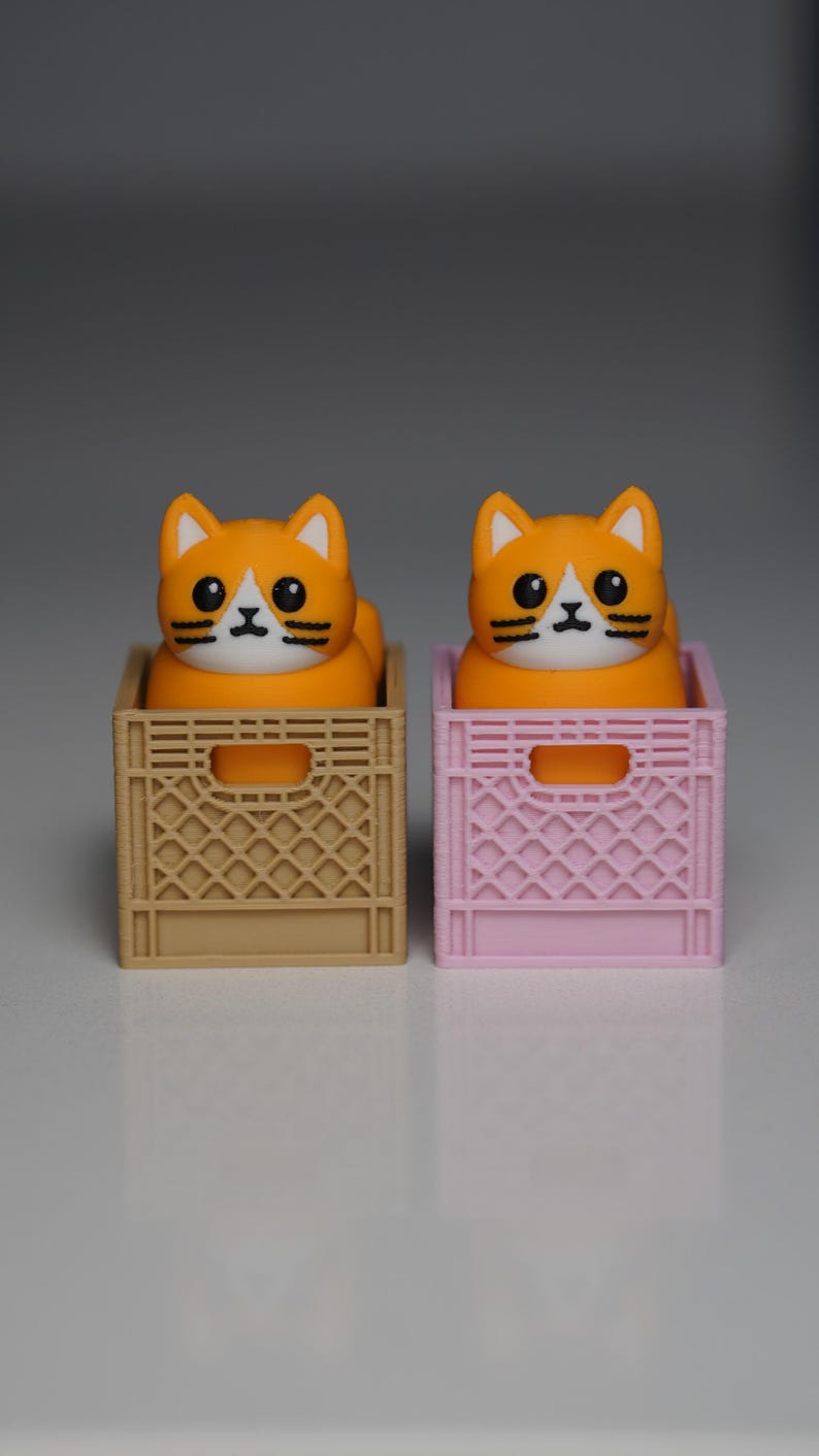 Puede incluir: Dos figuras de gato naranja con caras blancas y ojos negros sentadas en cajas en miniatura. Una caja es de color canela, la otra es rosa. Los gatos tienen bigotes negros y son de dise&ntilde;o lindo y caricaturesco.