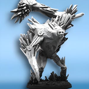 May include: A gray, crystalline creature with sharp, jagged edges. The creature has a humanoid form with two arms and two legs. It is standing on a base with a rough, textured surface.