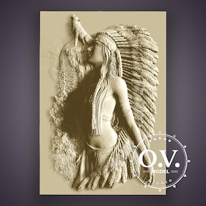 Indian and Wolf CNC milling Wall decor Wood carving Artcam Aspire STL files Relief carving 3D model
