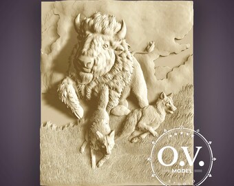 Bison Scene Wildlife Decor STL Carving CNC Files Artcam Aspire Model Rustic Panel 3D Wildlife Wood Carving Decorative Art Animal Carving