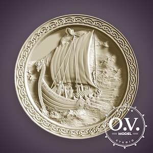 Modelo STL de navio viking, arquivos ArtCAM, decoração nórdica, relevo 3D, arte histórica, proa de dragão, tema nórdico, arte marítima, escultura em madeira, decoração de veleiro