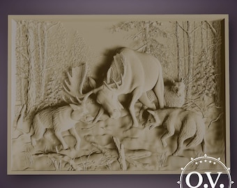 Wildlife cnc model,moose and wolves cnc,3d relief carving,forest scene cnc, nature wall art, detailed cnc artwork, hunting scene stl, Artcam