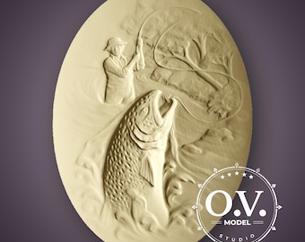 Visserijpaneel STL-model, visserijdecor, CNC-snijwerk, Artcam-ontwerp, kunst aan de muur, natuurpaneel, rustiek decor, visserscadeau, reliëfsnijwerk