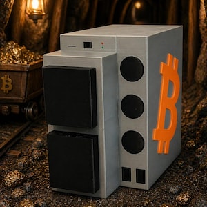 May include: A silver-colored Bitcoin mining rig with an orange Bitcoin symbol on the side. The rig has black circular and rectangular features. The background shows a mine shaft with a cart of gold.