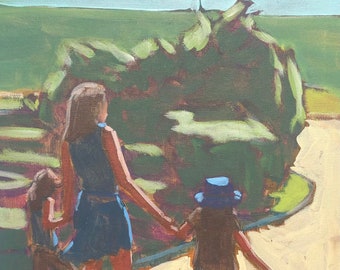 Woman and Children on Walk  |  Original Painting on Canvas, 12 x16