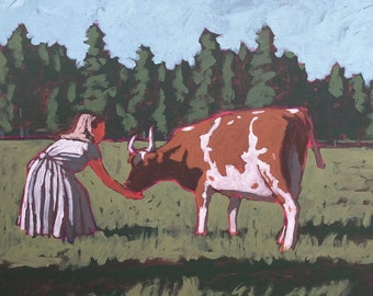 ORIGINAL  - Woman and Cow  #2 |  Original Acrylic Painting on Deep Edge Canvas 24" x 18"