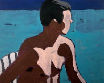 ORIGINAL  - Man by Pool - Original Acrylic Painting on Canvas 14 x 14, aqua, outside, summer, michael van, square, water, blue, sunlit