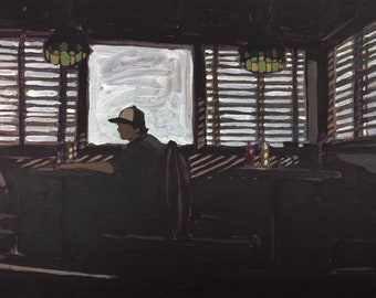 ORIGINAL  - Man in Diner - Original Acrylic Painting on Canvas 20 x 16, cafe, michael van, gallery wall, modern, dark, architecture