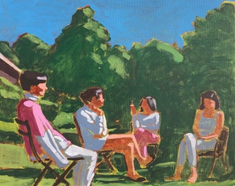 ORIGINAL  - Women in Chairs #2- Original Acrylic Painting on Canvas, 20 x 16, small, fine art, figurative, girls, smoking, michael van