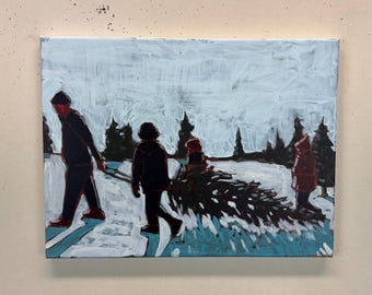 Family with Tree - Original Acrylic Painting on Canvas 16 "x 12"