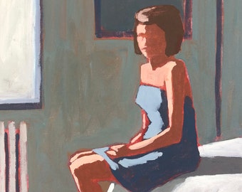 ORIGINAL  - Woman at Window #12 - Original Acrylic Painting on Canvas 10 x 10, michael van, gallery wall, hopper, downtown, figurative